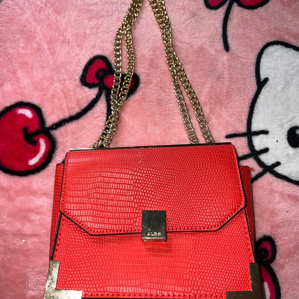 Aldo Vibrant Red Shoulder Bag with Gold Chain